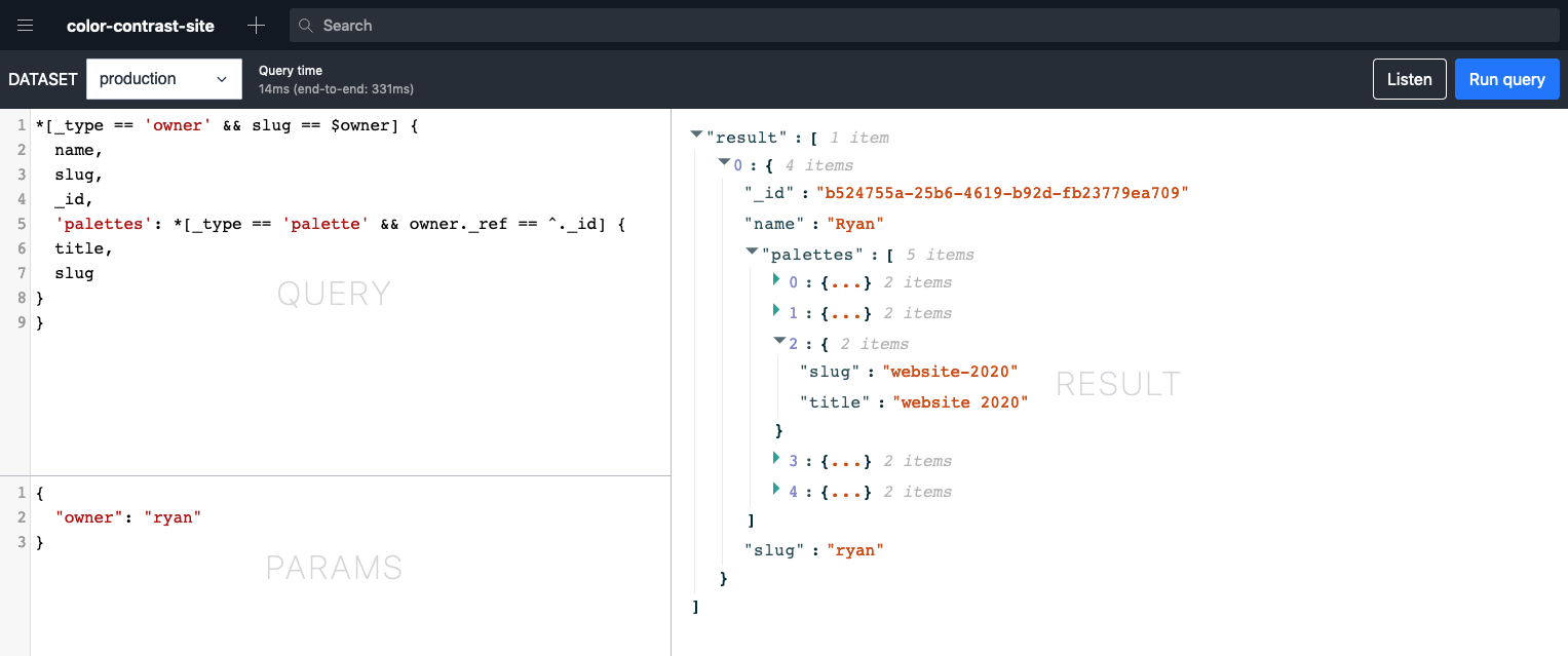 sanity vision plugin showing query and response for an owner's color palettes